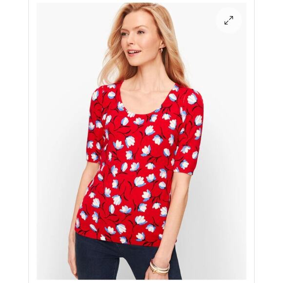 Talbots Womens Sweater Red Blue Floral Lightweight Puff Short Sleeve Size Large - Picture 1 of 9
